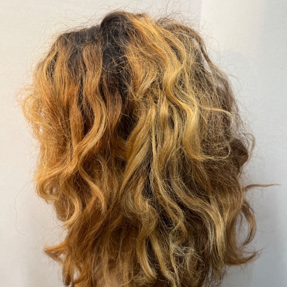 Honey brown Blond Highlight HUMAN HAIR CURLY Wig. pre cut lace front - Picture 2 of 9